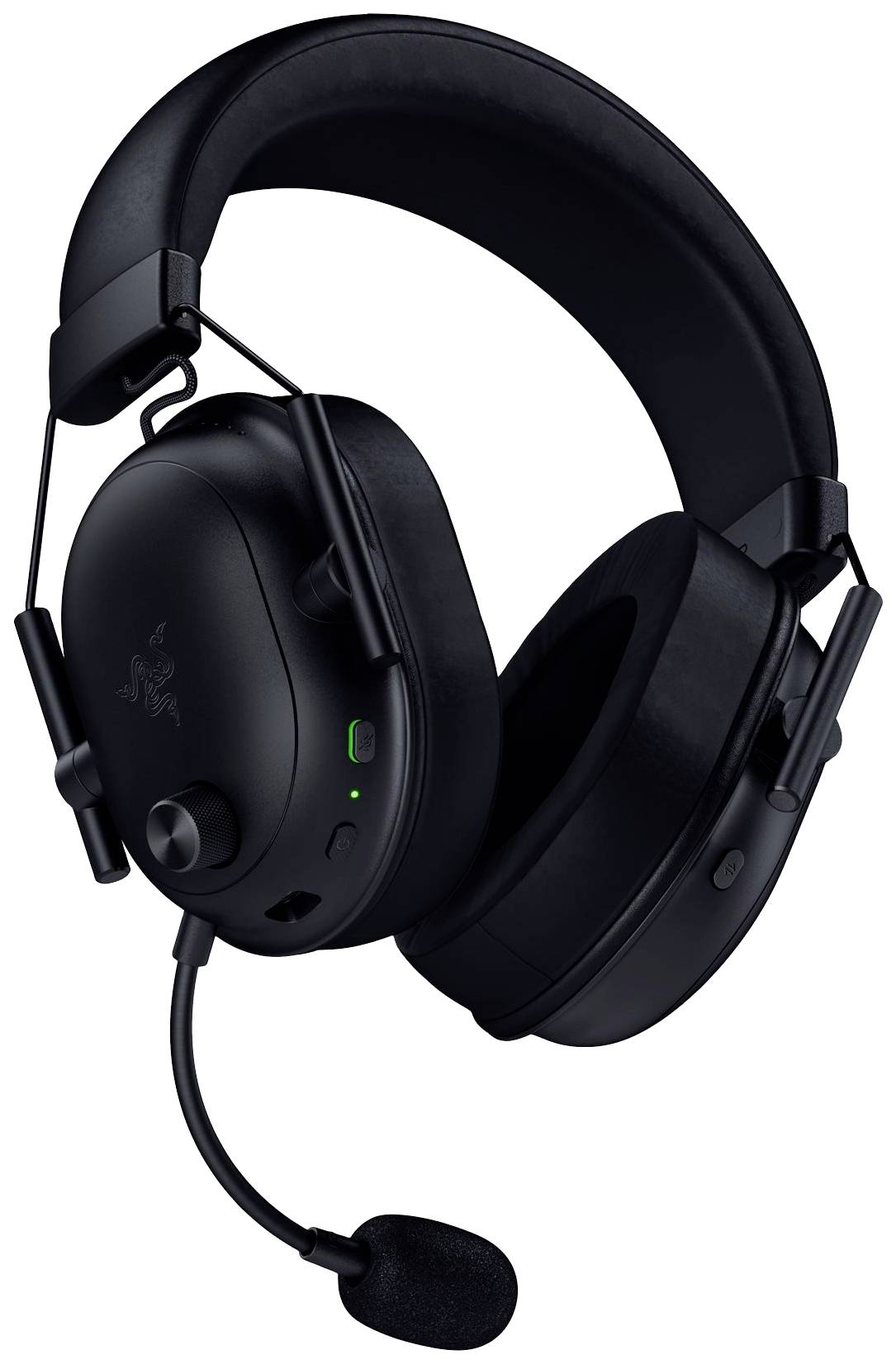 Ein schwarzes Gaming-Headset mit Mikrofon, dicken Ohrpolstern und verstellbarem Kopfbügel, geeignet zum Spielen und für Sprachkommunikation.