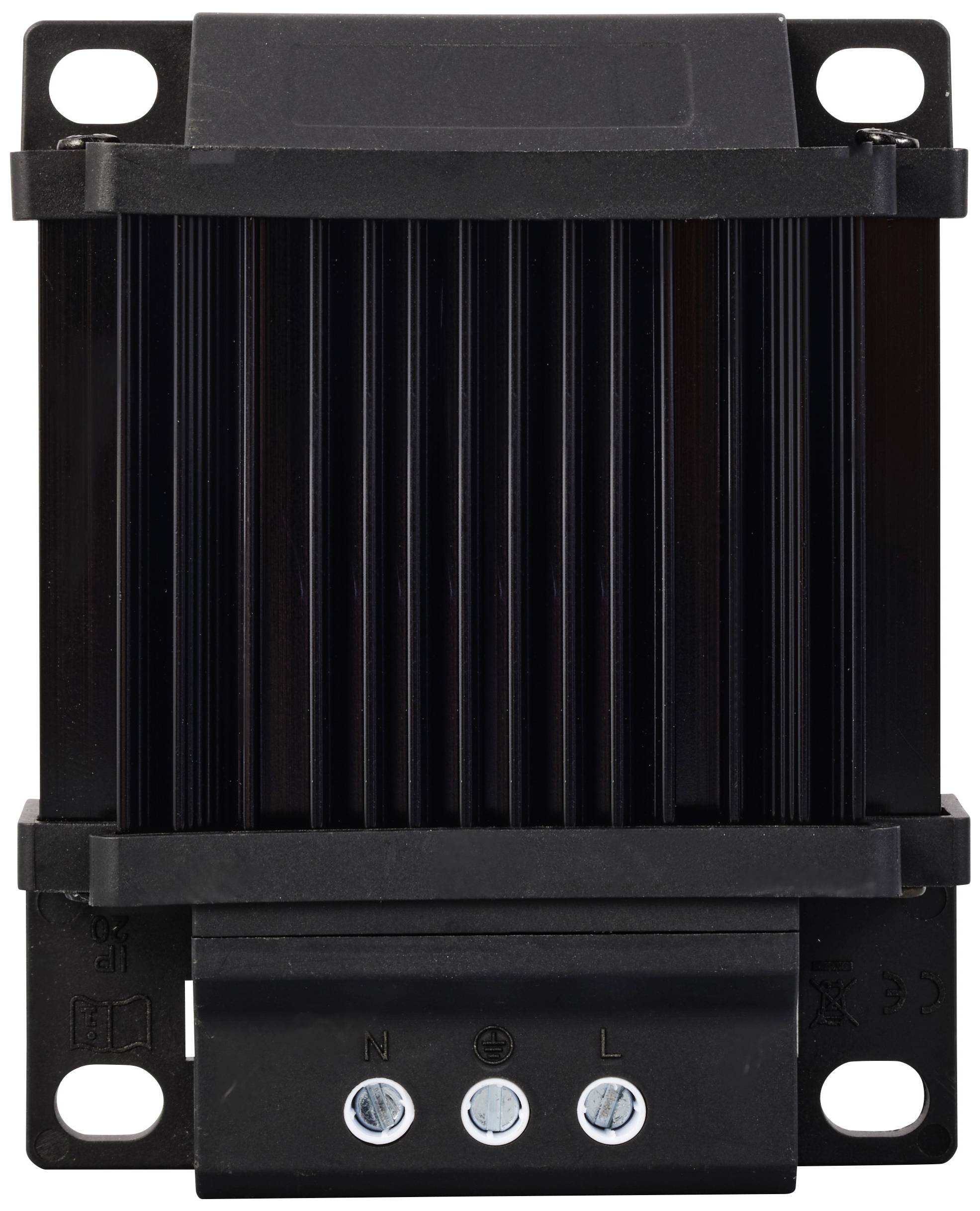 Ein schwarzes elektronisches Bauteil mit Kühlrippen und drei Anschlüssen unten, markiert mit 'N', 'L' und einem Erdungssymbol.