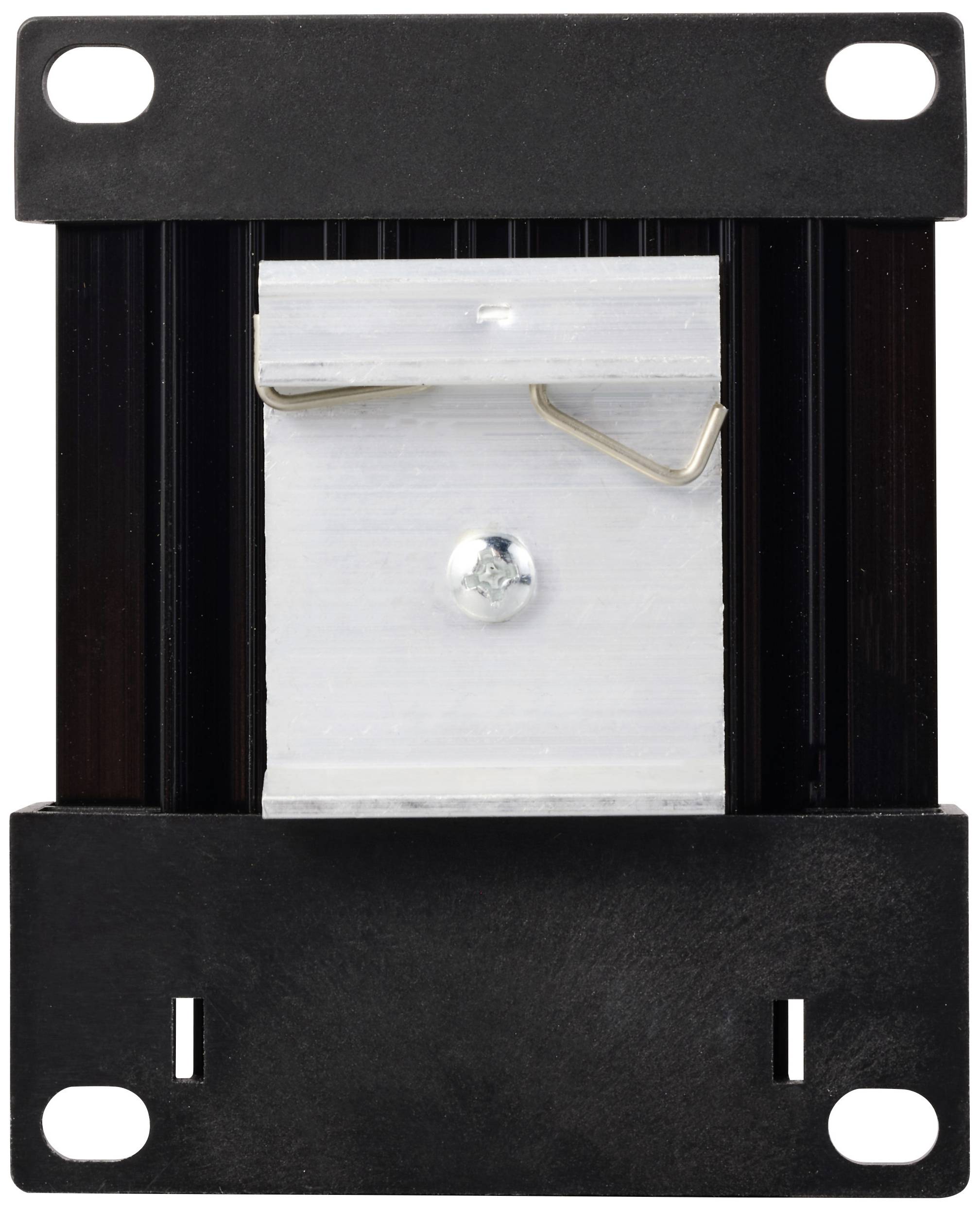 Ein rechteckiges elektronisches Bauteil mit schwarzem Kunststoffrahmen und Metallkomponente in der Mitte; Rückansicht eines Kühlkörpers.