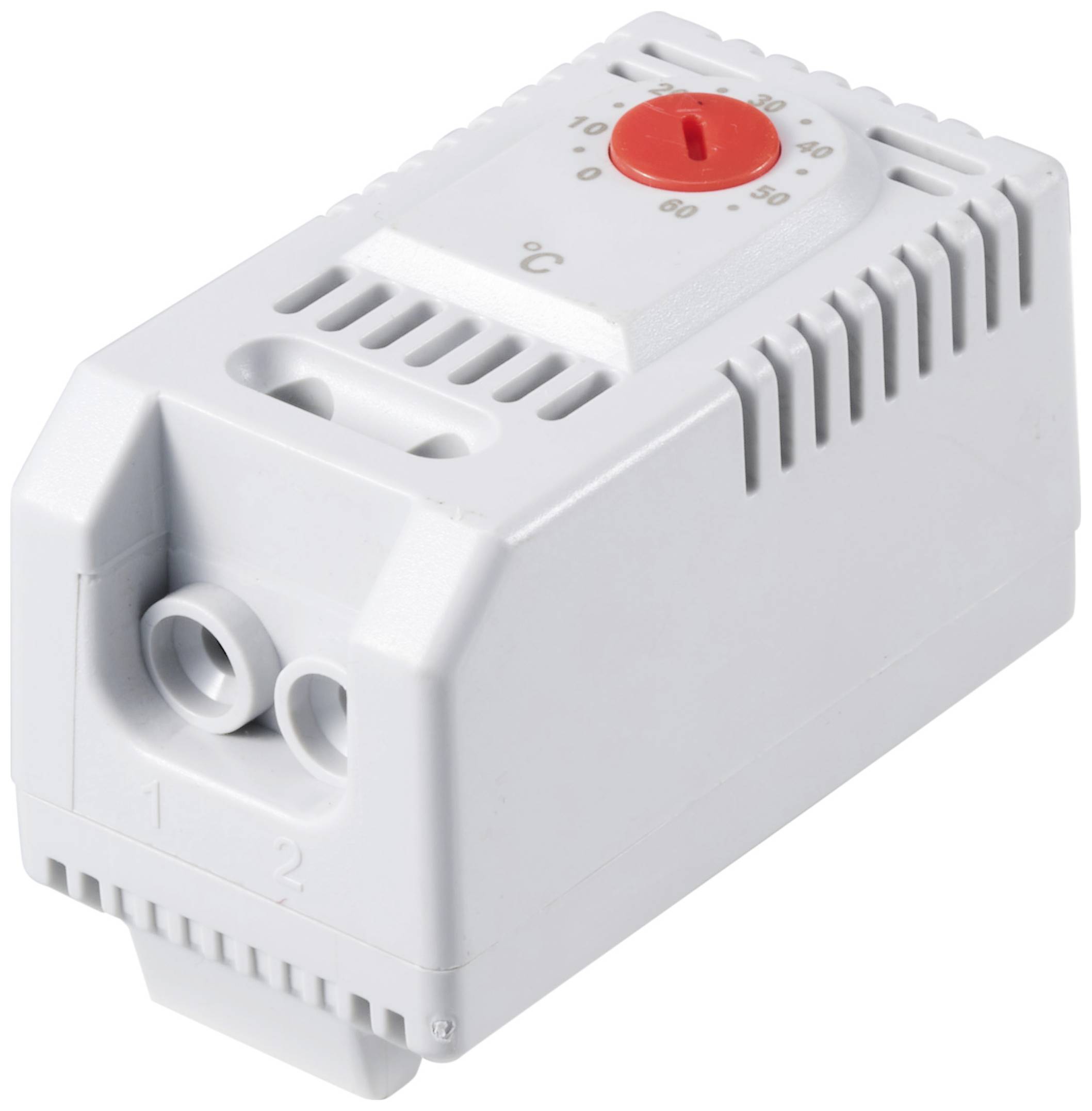 Ein rechteckiger, grauer Thermostat mit roten Ziffernblatt auf der Oberseite, zur Temperaturregelung.