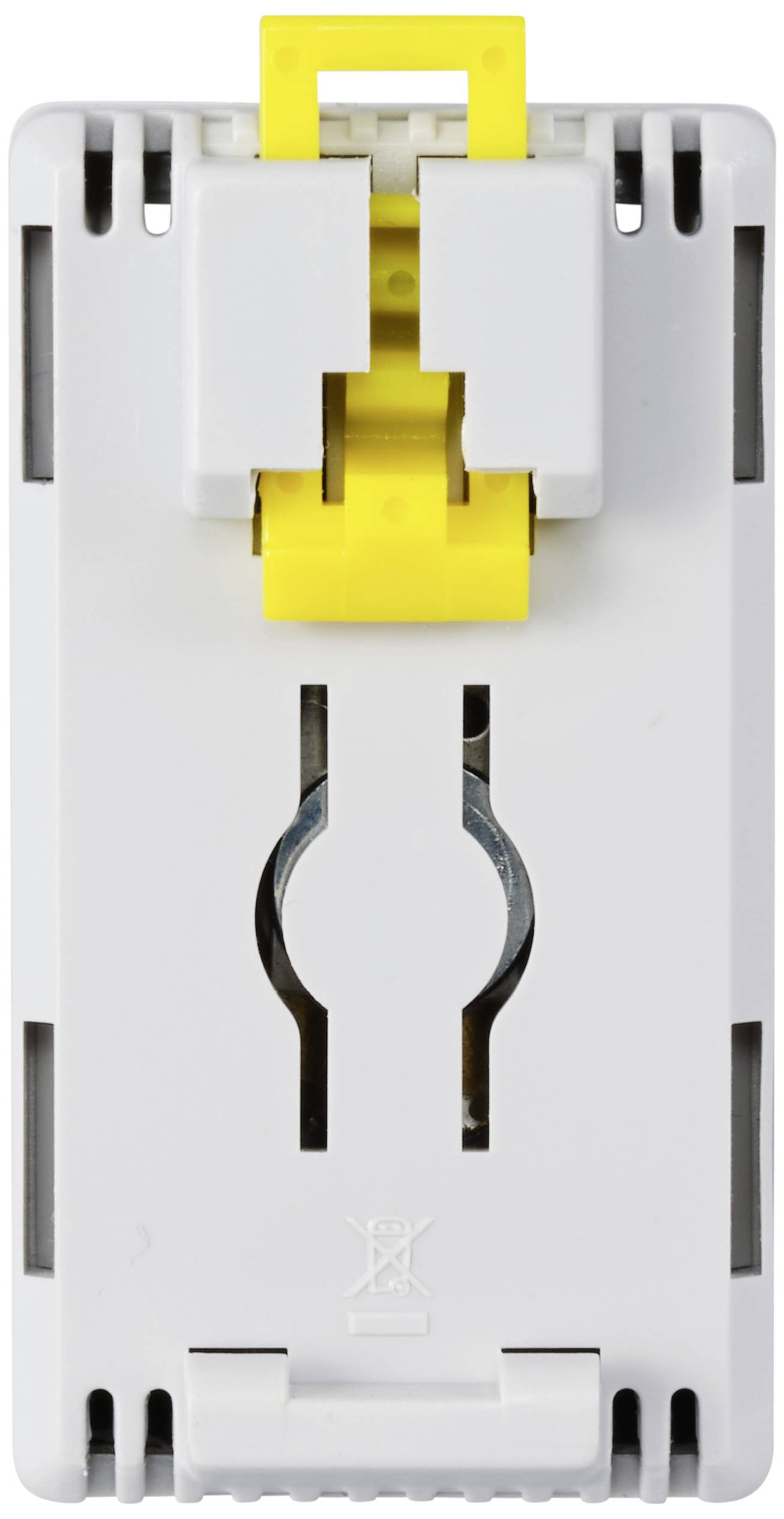 Ein weißer Plastikschalter mit gelben Elementen in der Mitte, wahrscheinlich für elektrische Installationen.