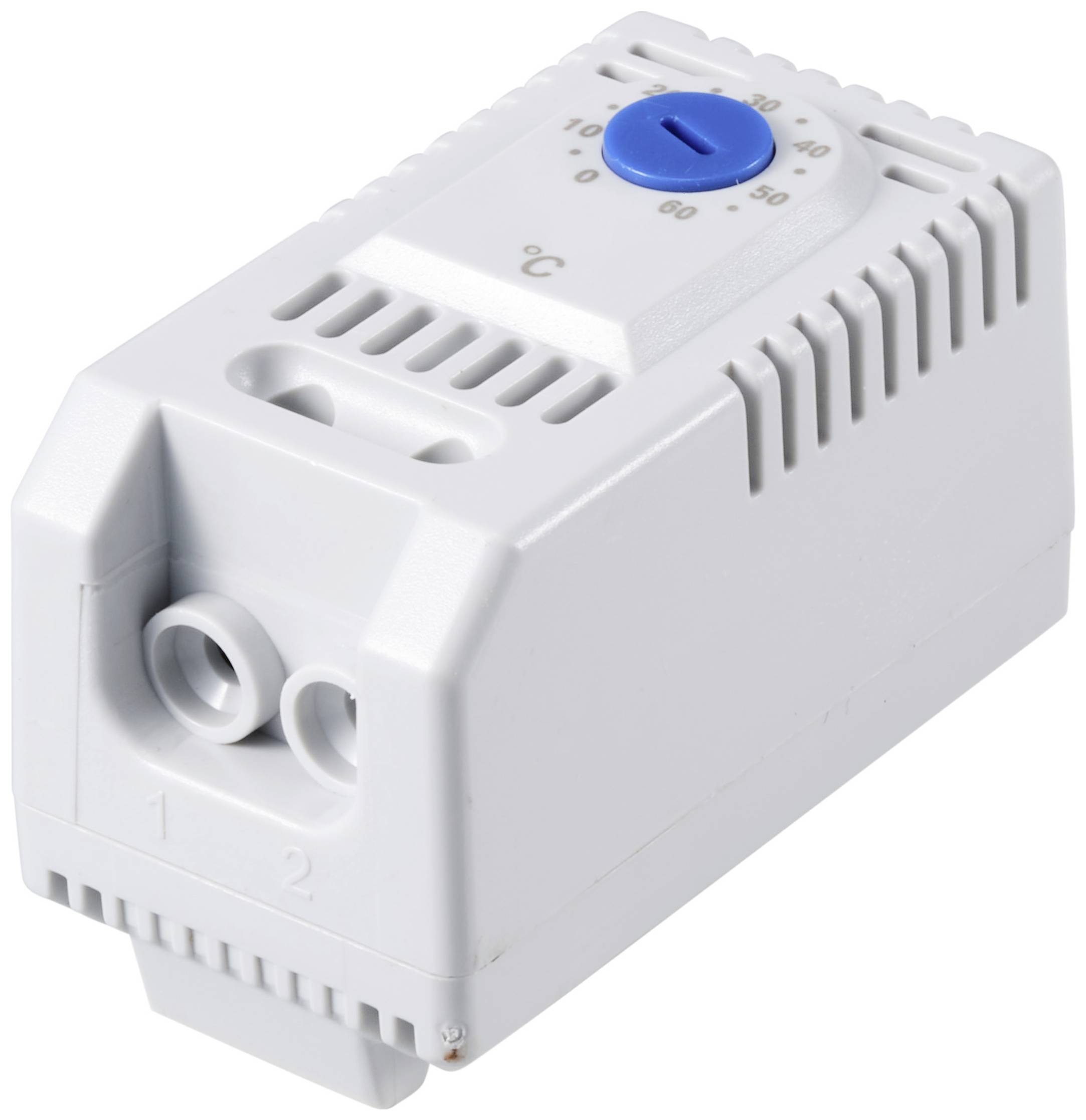 Ein weißer Temperatursensor mit einem blauen Einstellrad, das Temperaturen von 0 bis 60 Grad Celsius anzeigt.