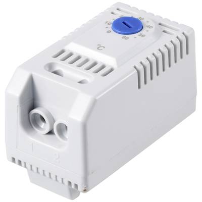 Ein weißer Temperatursensor mit einem blauen Einstellrad, das Temperaturen von 0 bis 60 Grad Celsius anzeigt.