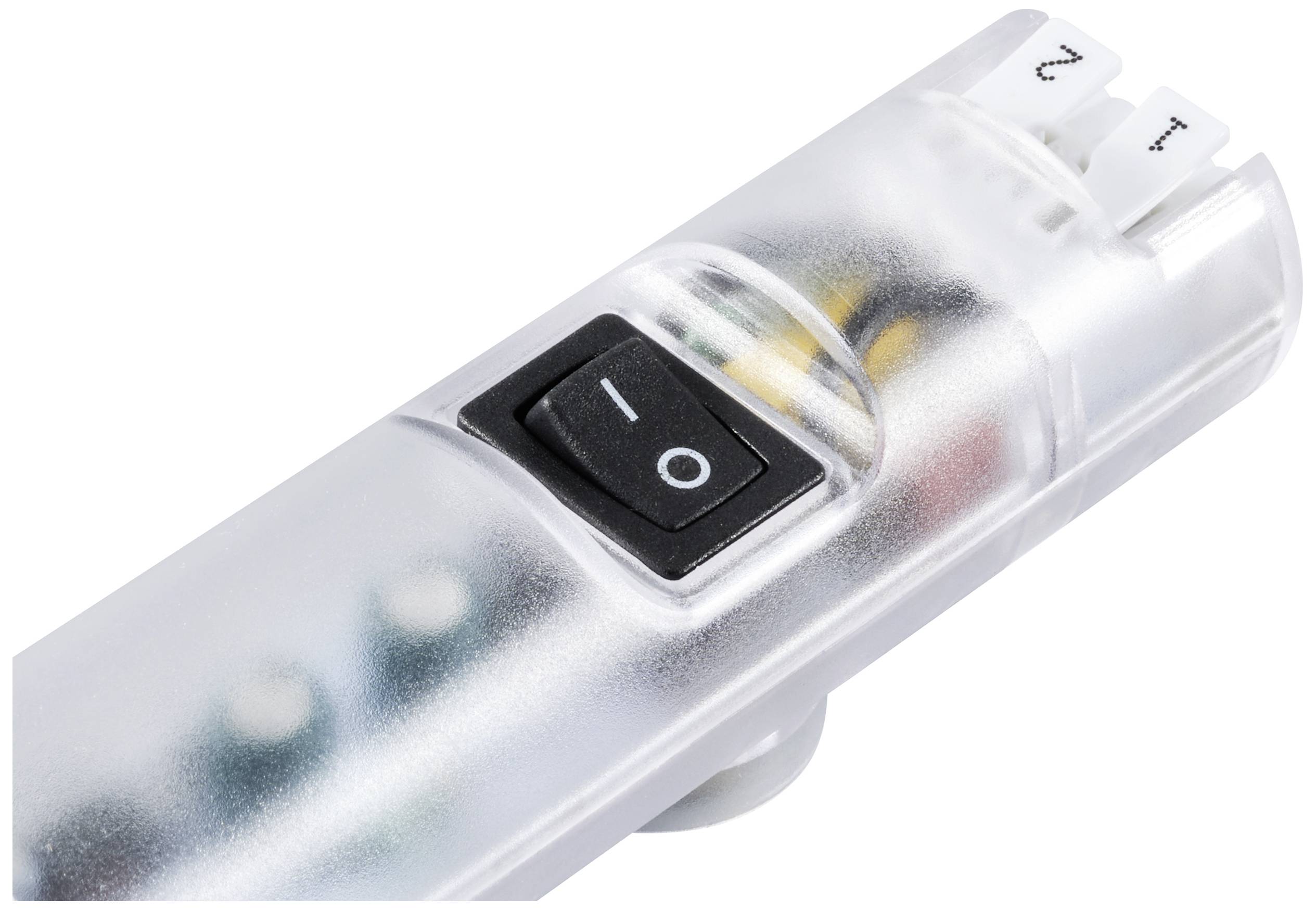 Ein Schalter in einem durchsichtigen, länglichen Gehäuse, mit den Symbolen 'I' und 'O' markiert. An der Oberseite sind zwei Kabelanschlüsse sichtbar.