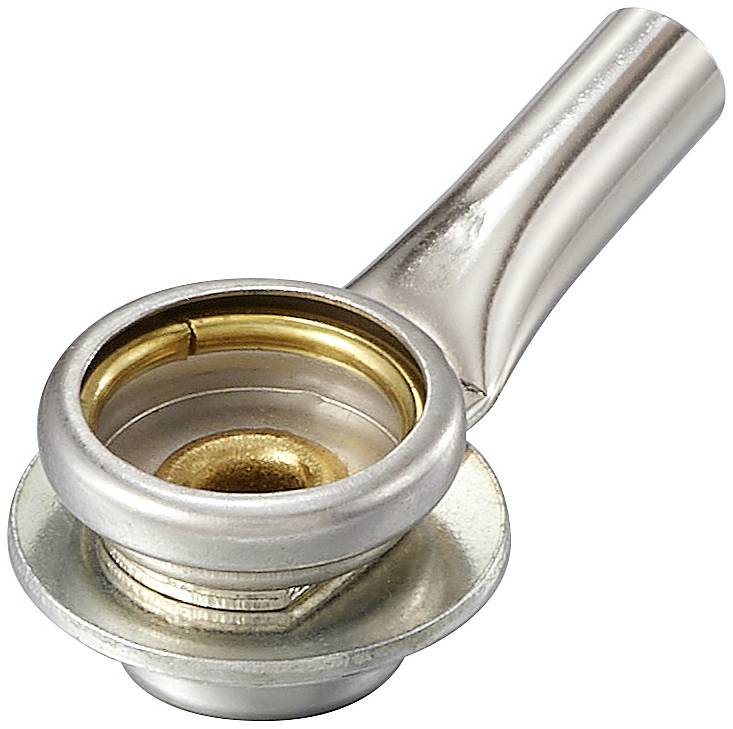 Ein silbernes Metallteil mit einer langen, gebogenen Röhre und einer runden Basis, möglicherweise ein Ventil oder Anschlussstück.