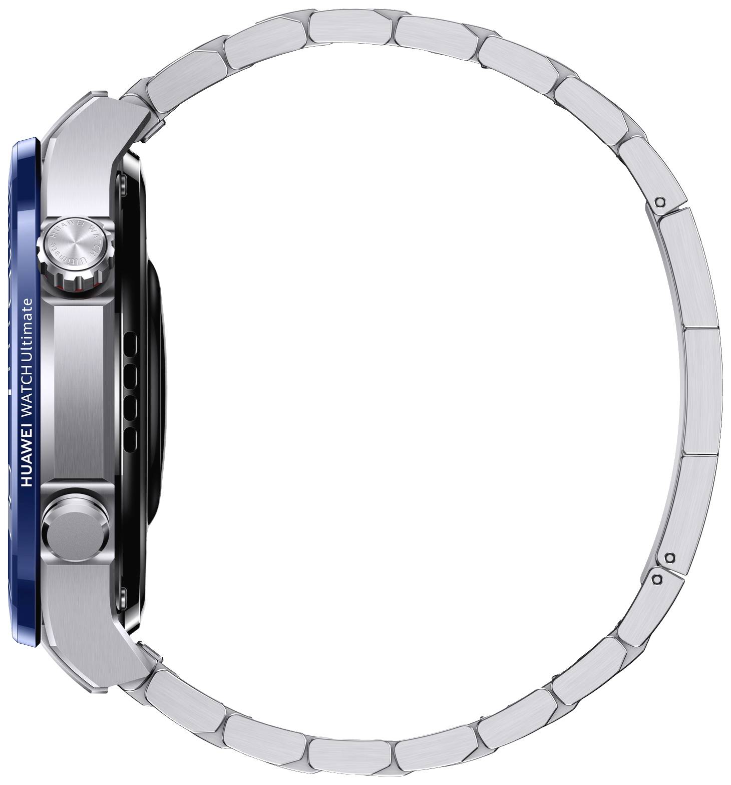 Eine silberne Armbanduhr mit einem blauen Seitenknopf und der Aufschrift 'HUAWEI WATCH Ultimate' an der Seite des Gehäuses.