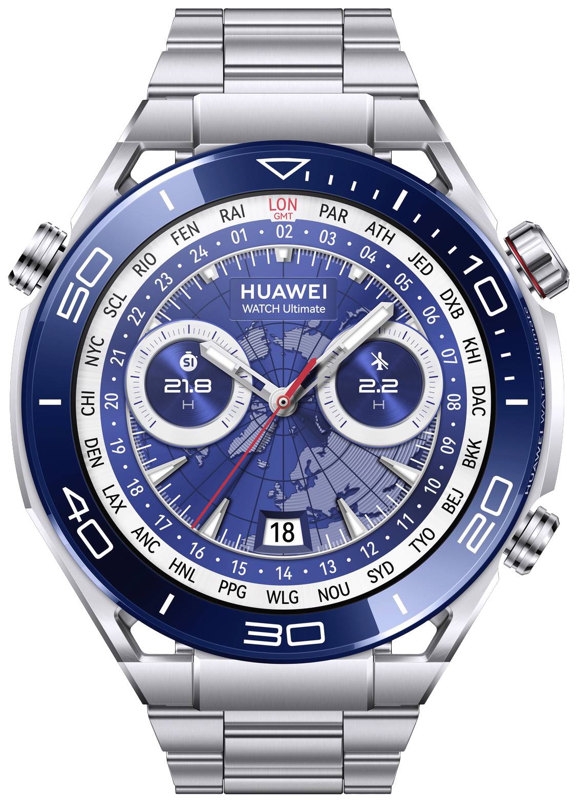 Silberne Huawei-Uhr mit blauem Zifferblatt, analoges Design, Weltkarte im Hintergrund, zwei kleine Zifferblätter und Datumsanzeige.