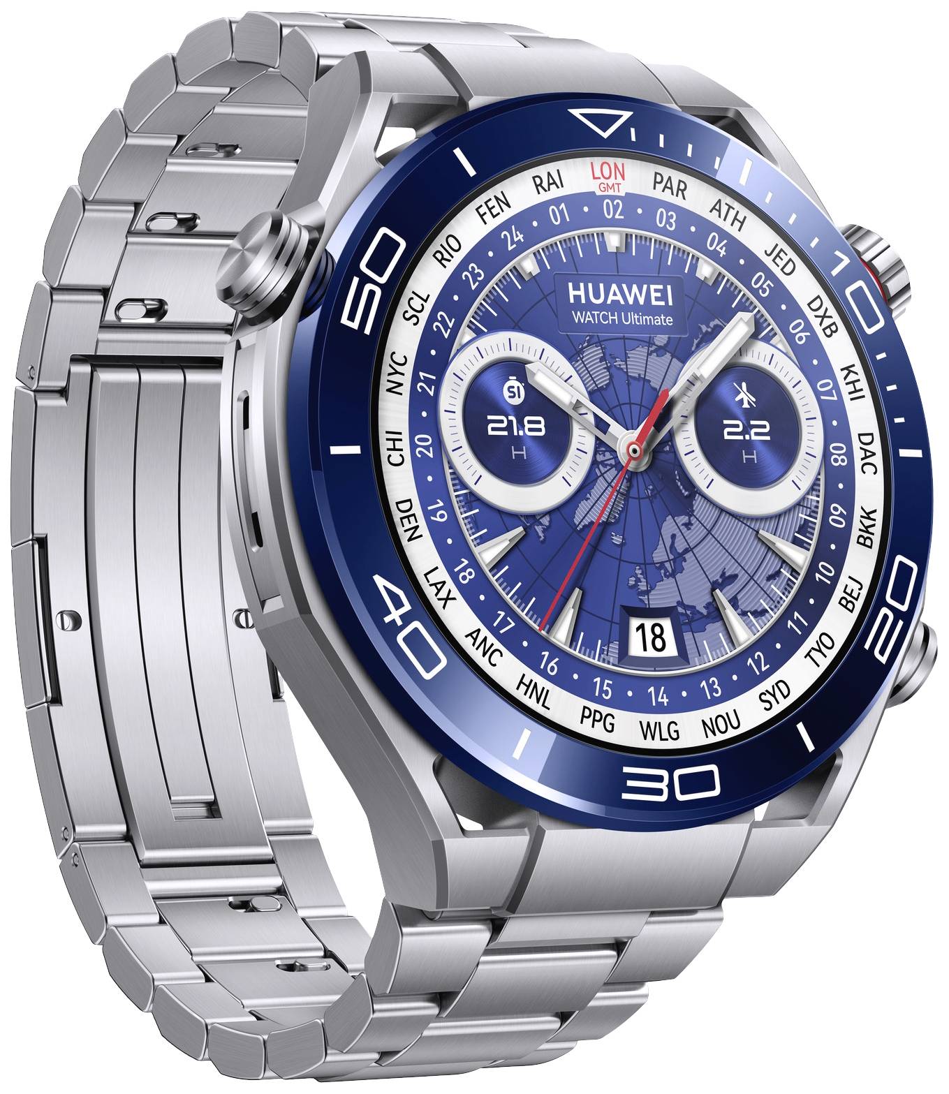 Eine silberne Armbanduhr mit blauem Zifferblatt und zahlreichen Anzeigen, darunter eine Weltkarte und zwei kleine Zifferblätter.