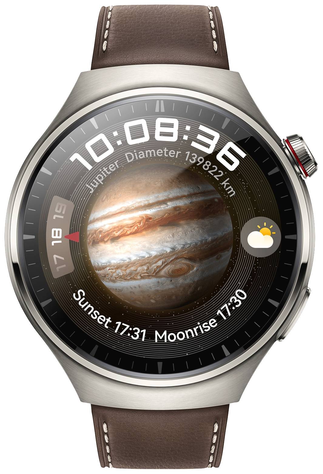 Futuristische Uhr mit digitalem Display zeigt die Uhrzeit 10:08:36 und ein Bild von Jupiter mit Durchmesser 139822 km. Sonnenuntergang um 17:31 und Mondaufgang um 17:30 angezeigt.