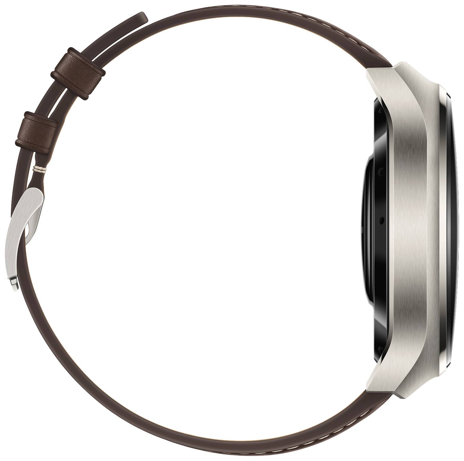 Eine elegante Uhr mit einem braunen Lederarmband und silbernem Gehäuse, seitliche Ansicht.