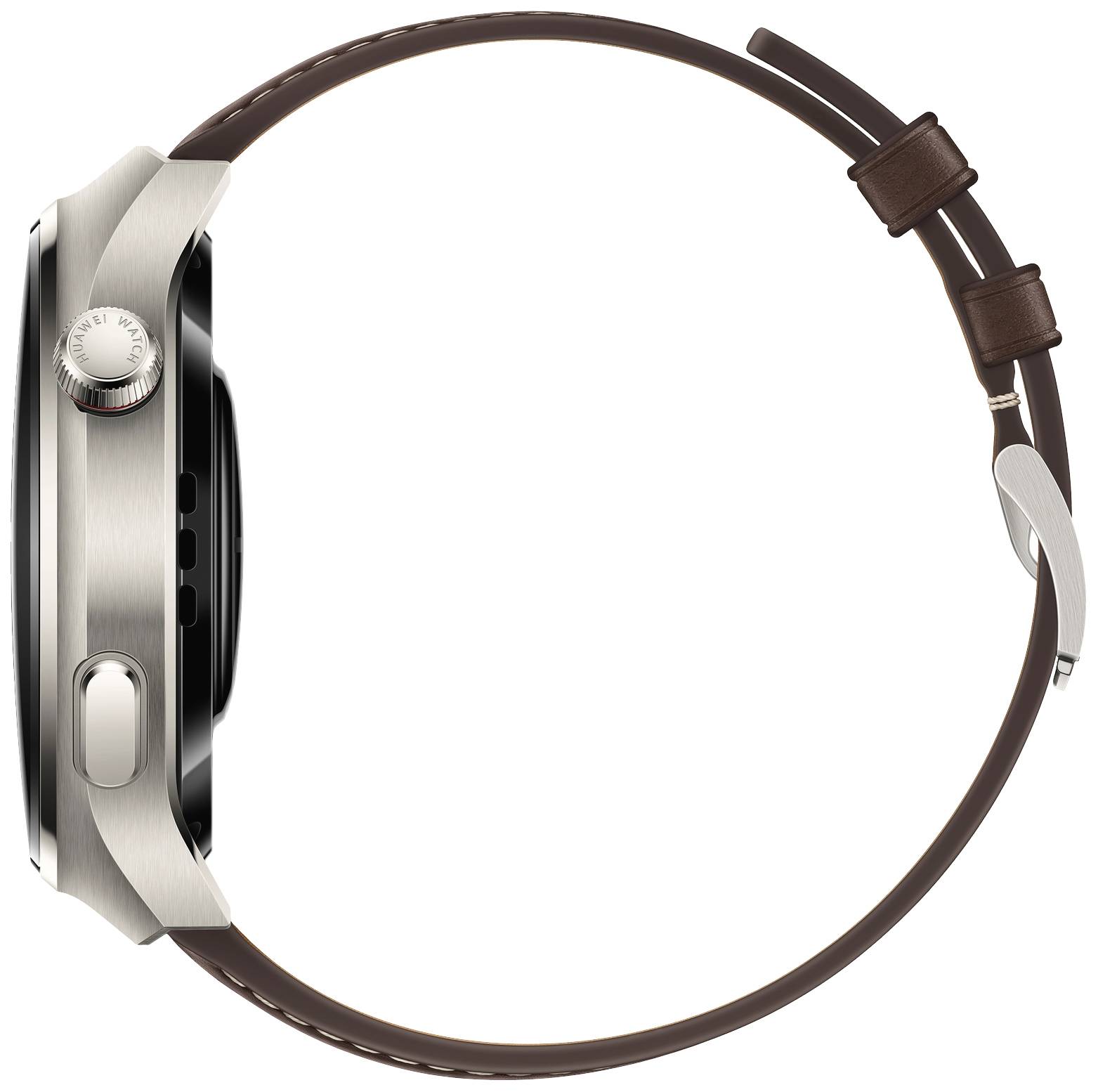 Ansicht einer Smartwatch von der Seite mit einem braunen Lederarmband und silbernem Gehäuse.