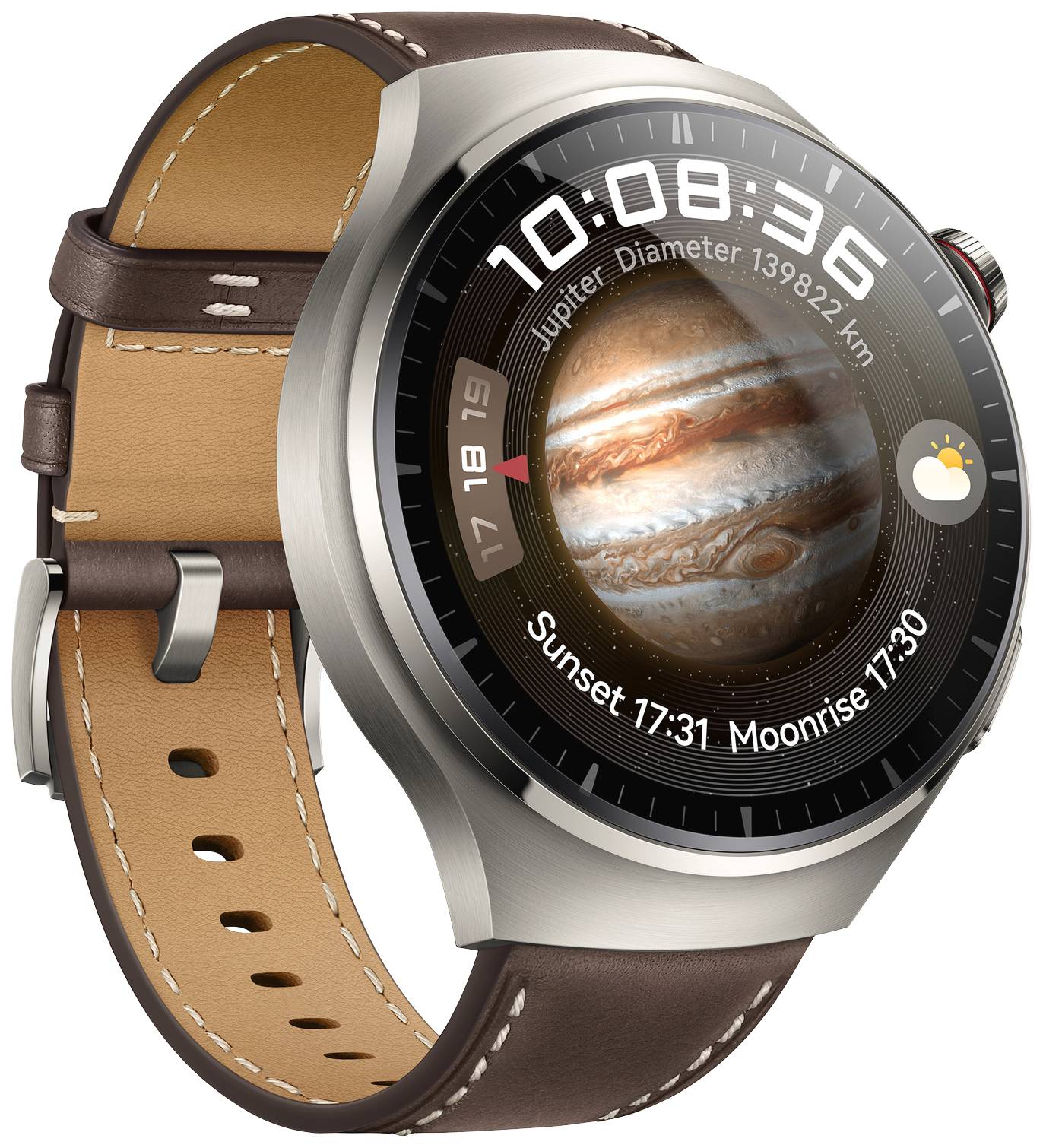 Eine Smartwatch mit Lederriemen zeigt auf dem Bildschirm ein Bild von Jupiter, die Uhrzeit 10:08:35 und Wetterinformationen.