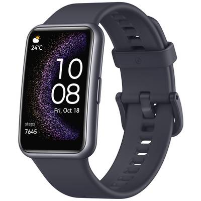 Schwarze Smartwatch mit gezeigtem Datum 'Fr, 18. Okt', Temperatur '24°C' und Schrittzähler '7645 Schritte'. Armband geschlossen.