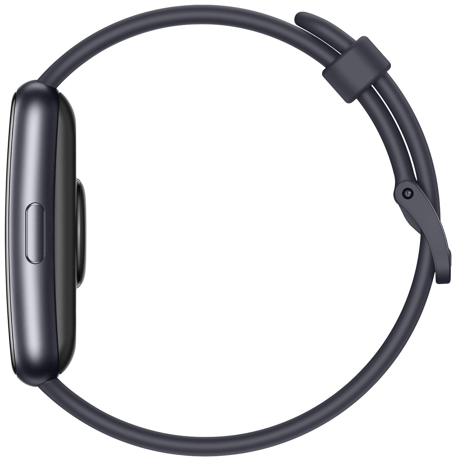 Smartwatch mit schwarzem, abgerundetem Gehäuse und schwarz-grauem Armband, seitlich dargestellt, Knopf sichtbar.