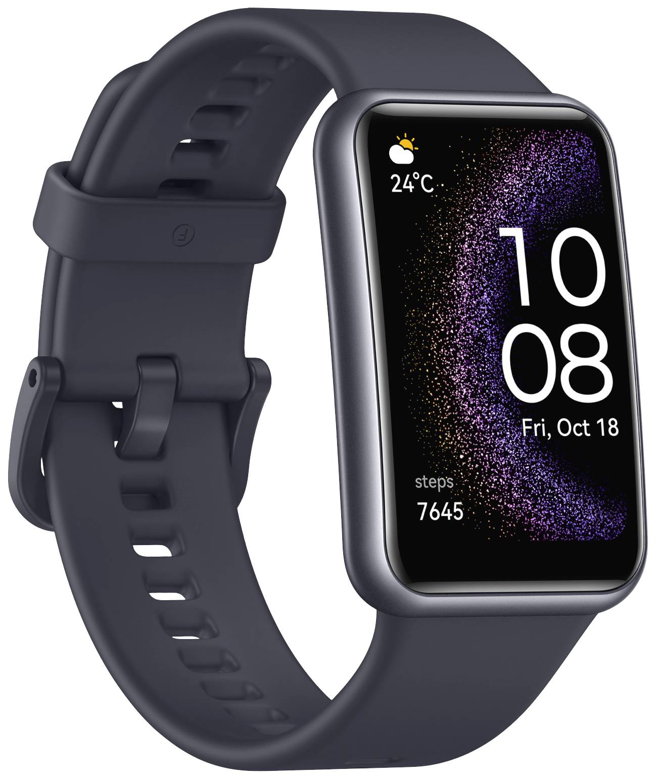 Smartwatch mit schwarzem Armband zeigt 24°C und 7.645 Schritte auf dem Display, Datum ist Freitag, 18. Oktober, Uhrzeit 10:08.