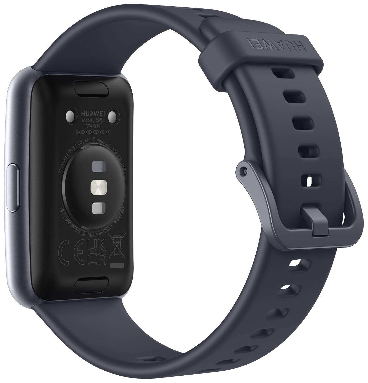 Schwarze Smartwatch mit Silikonarmband, Rückseite zeigt Sensoren für Gesundheitsüberwachung.
