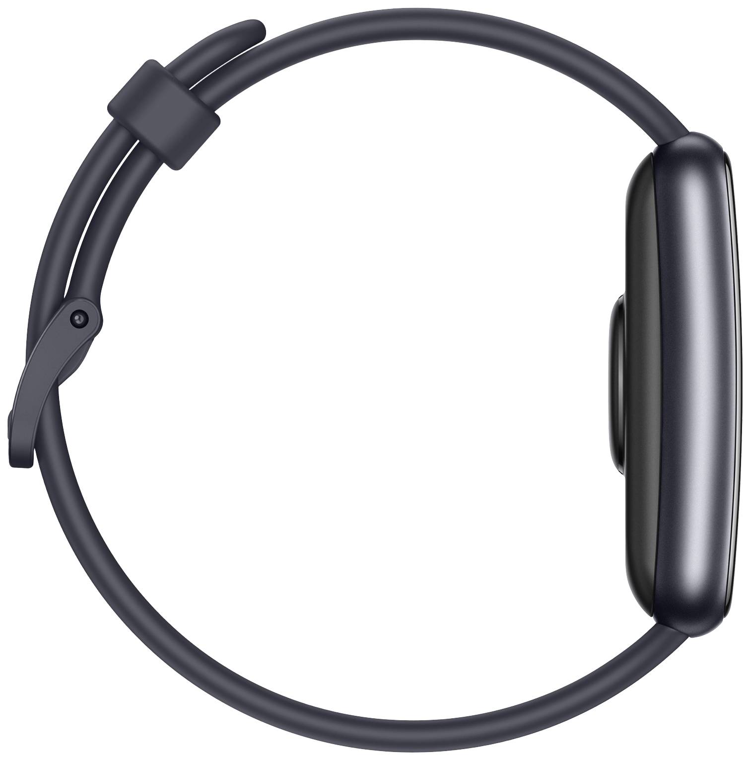 Schwarze, seitlich abgebildete Smartwatch mit glattem, ovalem Gehäuse und weichem Armband.