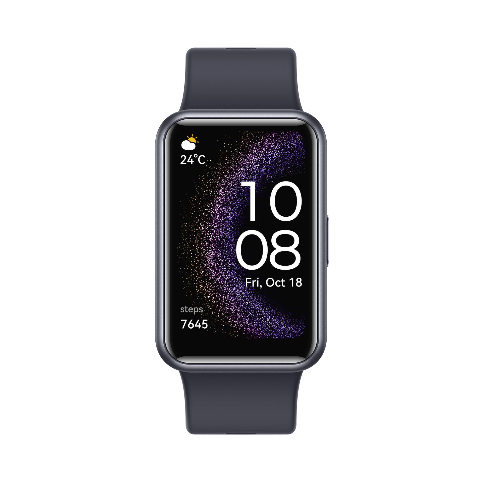 Eine Smartwatch mit schwarzem Armband zeigt das Wetter (24°C, sonnig), Datum (Fr, 18. Okt), Uhrzeit (10:08) und Schritte (7645) an.