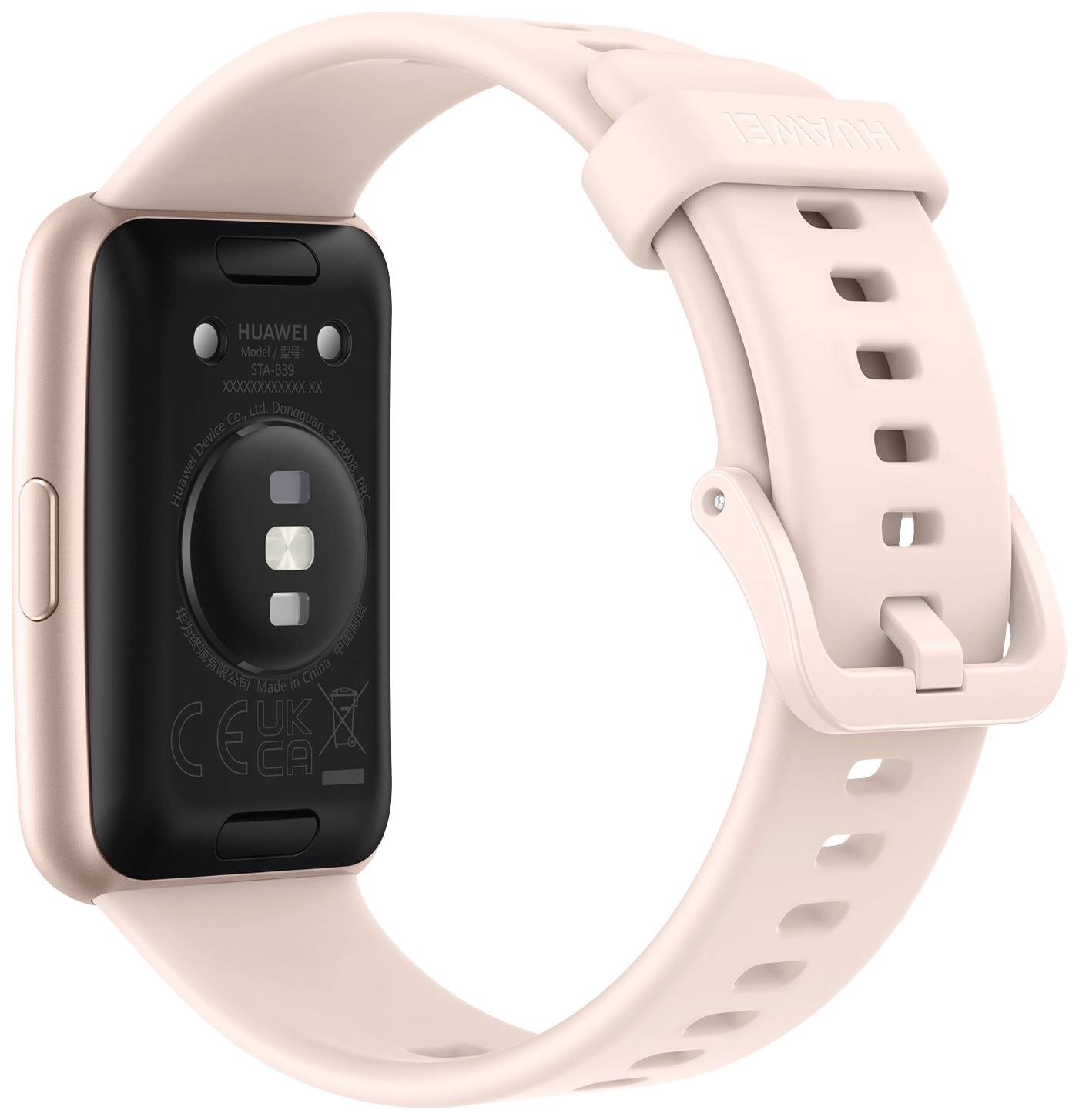 'Armbanduhr mit rosafarbenem Silikonarmband, zeigt Sensoren und Markenlogo auf der Rückseite.'