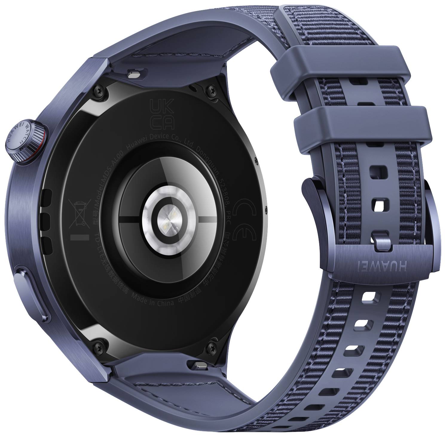 Rückansicht einer blauen Smartwatch mit rundem Sensor und strukturiertem Armband.