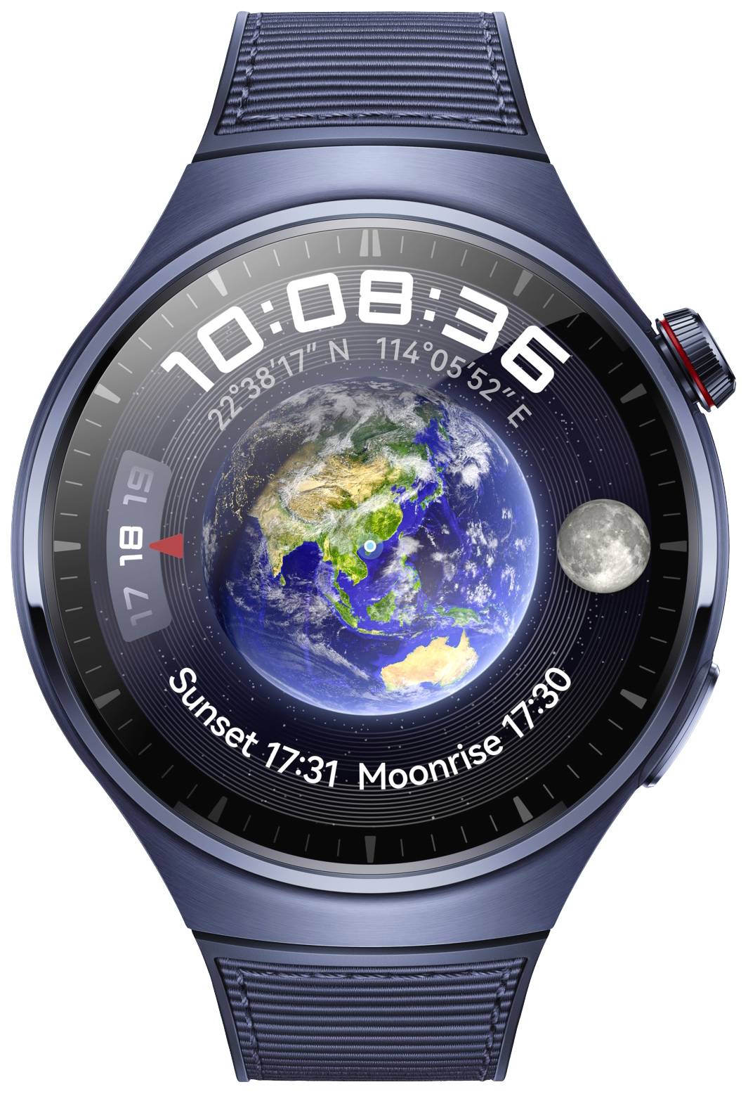 Eine blaue Smartwatch zeigt Zeit, Datum und geografische Karte der Erde mit Tag- und Nachtzonen. Sonnenuntergang und Mondaufgangszeiten angezeigt.