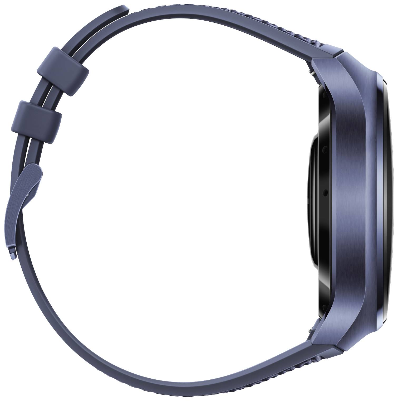 Smartwatch mit blauem Armband, seitliche Ansicht. Moderner, schlanker Stil.