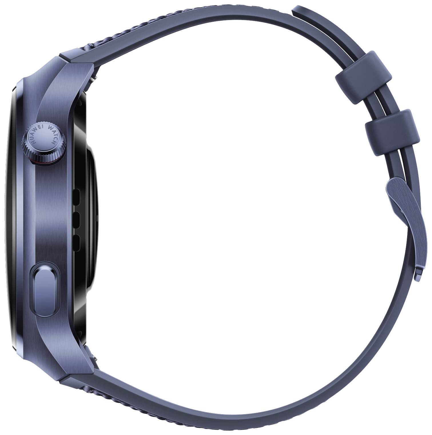 Eine seitliche Ansicht einer modernen Smartwatch mit blauem Armband, zeigt das Zifferblatt und die Knöpfe am Gehäuse.