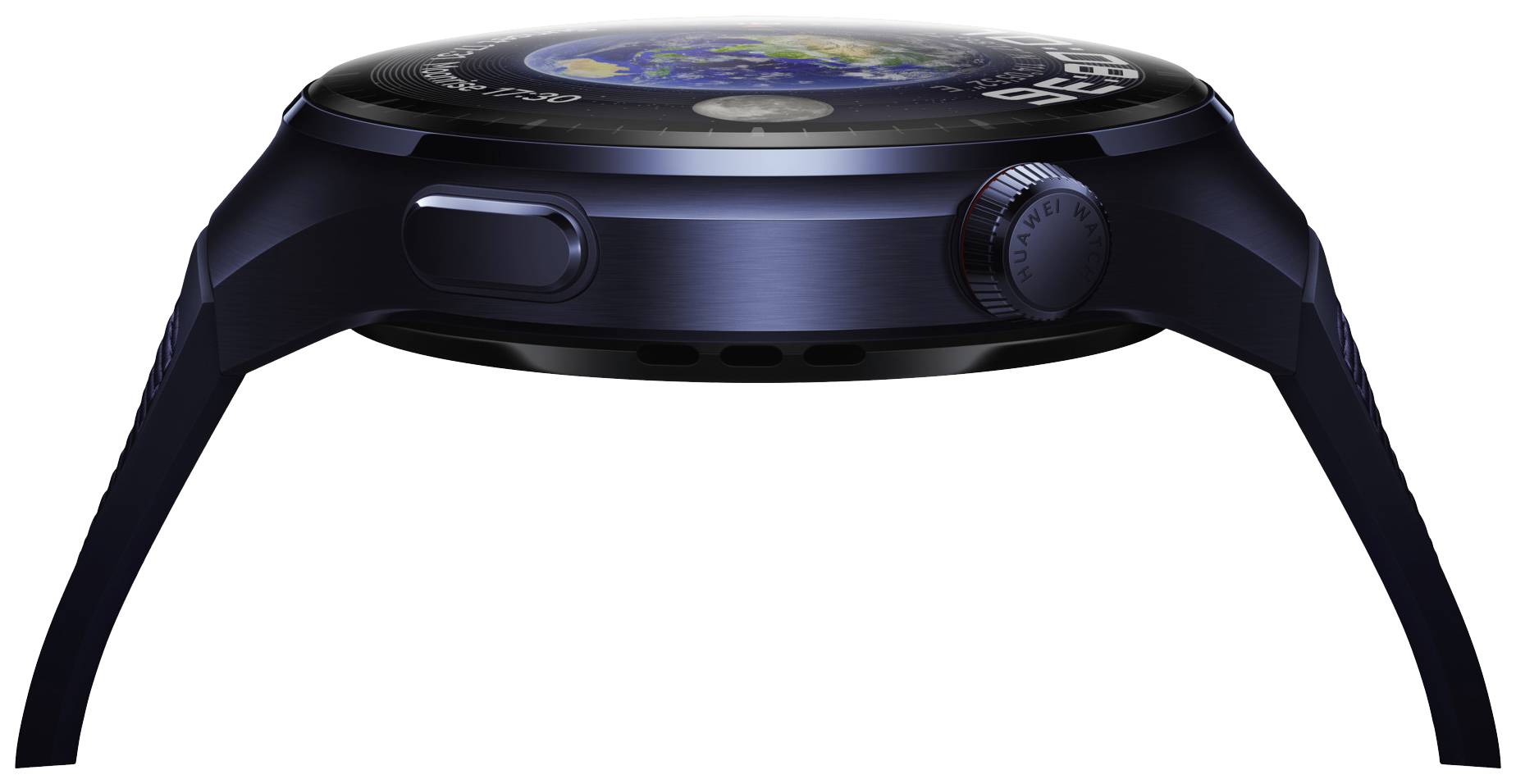 Eine schwarze Armbanduhr mit rundem Gehäuse und drehbarer Krone ist seitlich abgebildet. Sie zeigt eine Weltkarte auf dem Zifferblatt.