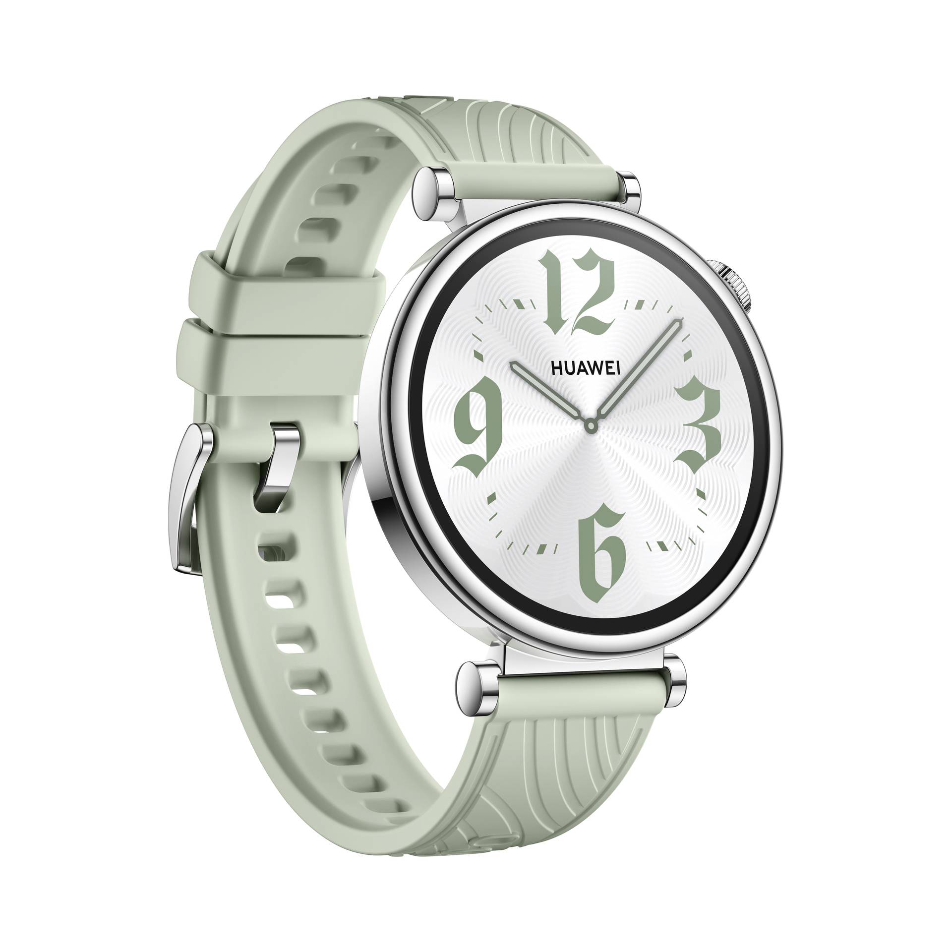 Eine runde Smartwatch mit silbernem Gehäuse und hellgrünem Armband. Das Zifferblatt zeigt stilisierte, große Zahlen.