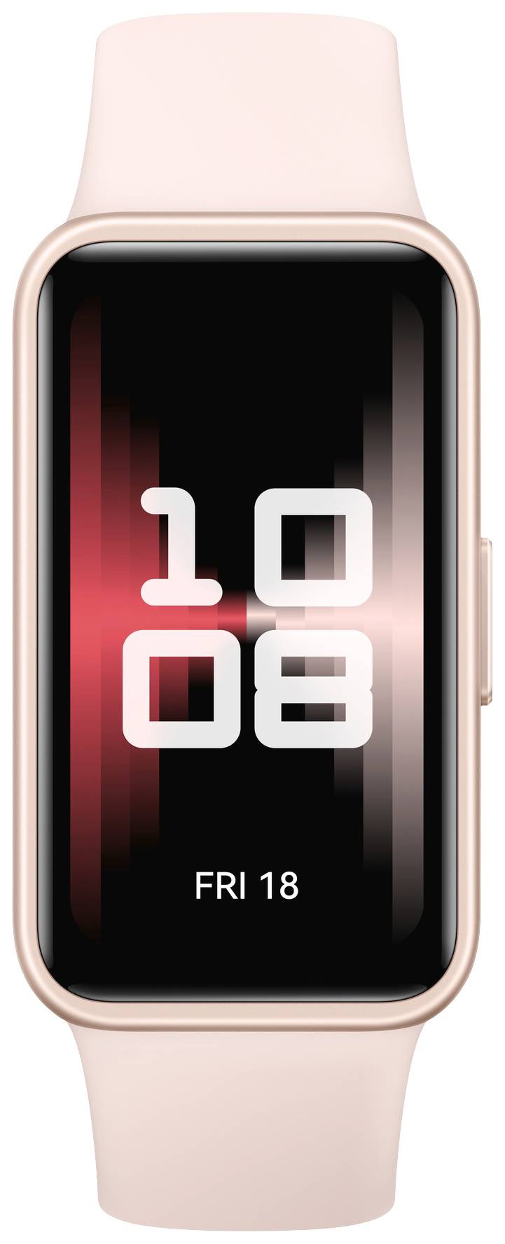 Ein rosafarbenes Smartwatch-Display zeigt die Uhrzeit '10:08' und das Datum 'FRI 18' auf schwarzem Hintergrund mit roten Akzenten.