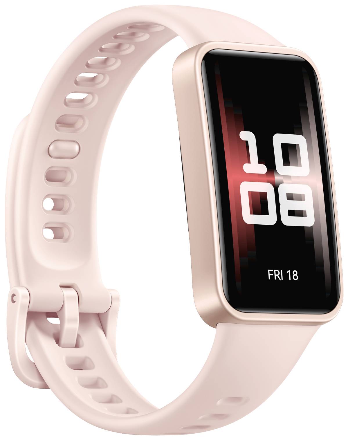 Eine rosafarbene Smartwatch mit rechteckigem Display zeigt '10:08' und 'FRI 18'. Sie hat ein glattes Design und ein verstellbares Armband.
