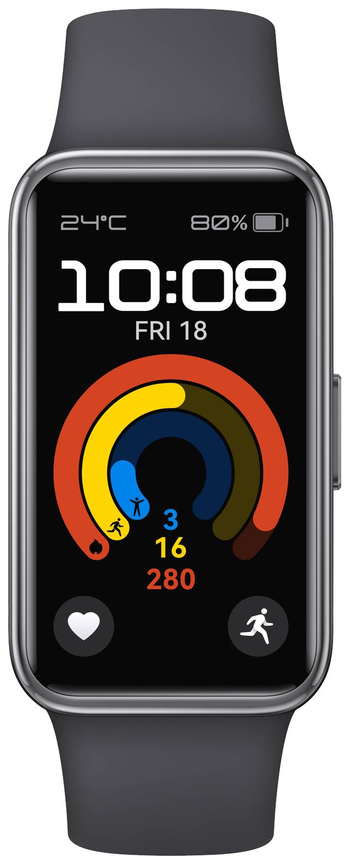 Eine Smartwatch zeigt Zeit '10:08', Datum 'FRI 18'. Farbringe für Aktivitätsziele, Schritte: 3 von 16 erreicht, Kalorien: 280. Oben: Temperatur '24°C', Akkustand '80%'.