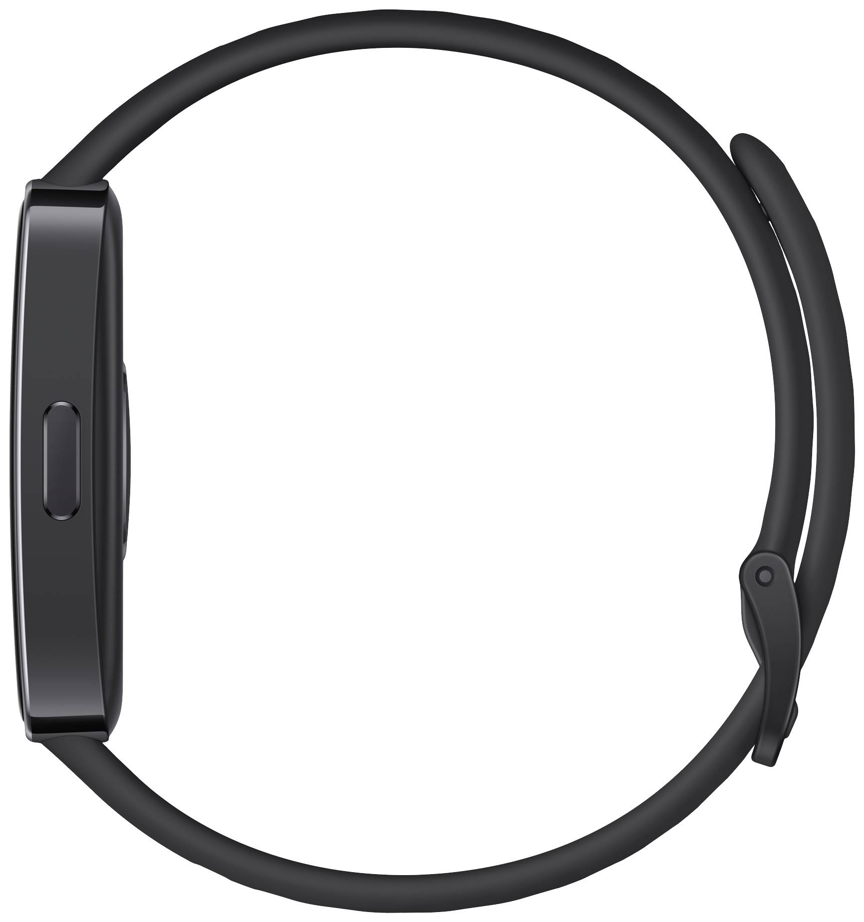 Schwarze Smartwatch seitlich betrachtet, zeigt das schlanke Design und das verstellbare Armband.