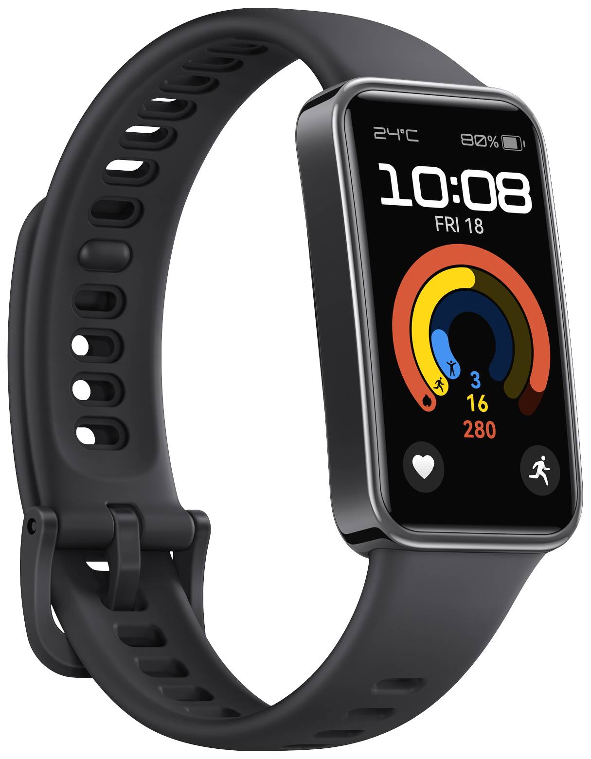 Schwarze Smartwatch mit farbigem Display, zeigt Uhrzeit, Datum und Fitnessdaten wie Schritte und Kalorienverbrauch an.