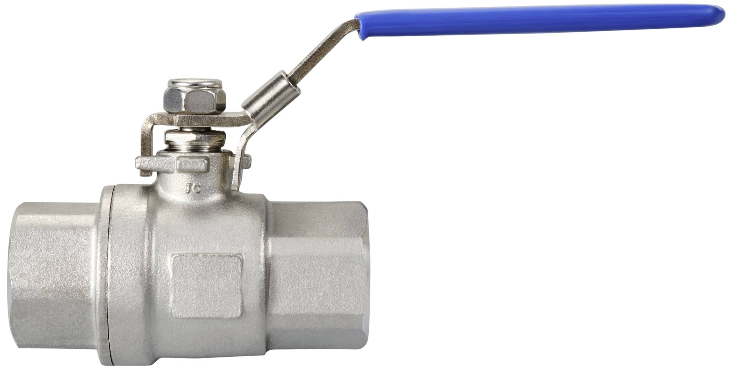 Kugelhahn aus Metall mit blauem Hebelgriff, zur Steuerung des Flüssigkeitsflusses in Rohrleitungen.