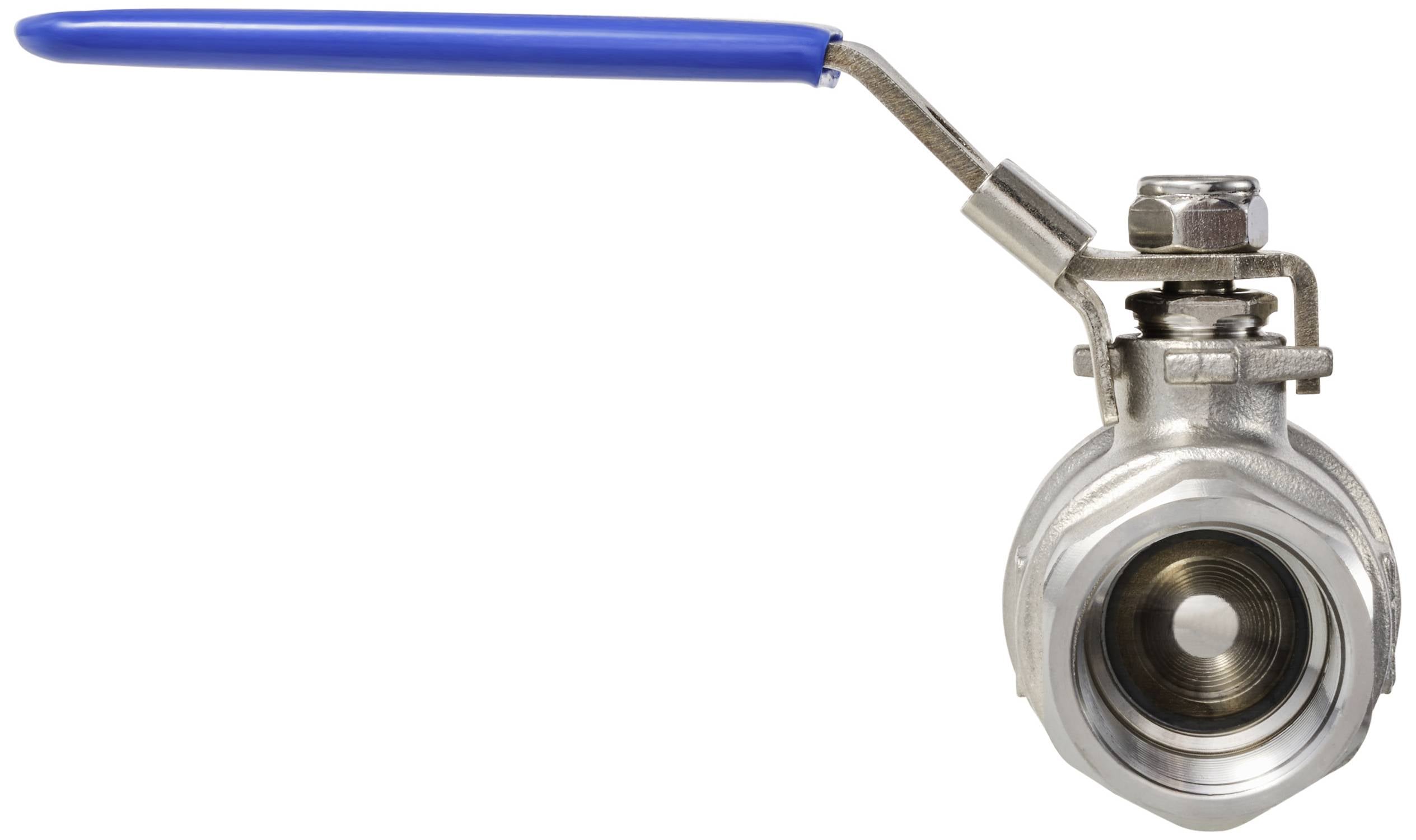 Ein Kugelhahn aus Metall mit blauem Hebelgriff, typischerweise für die Regulierung von Flüssigkeits- oder Gasdurchfluss verwendet.