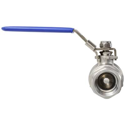 Ein Kugelhahn aus Metall mit blauem Hebelgriff, typischerweise für die Regulierung von Flüssigkeits- oder Gasdurchfluss verwendet.