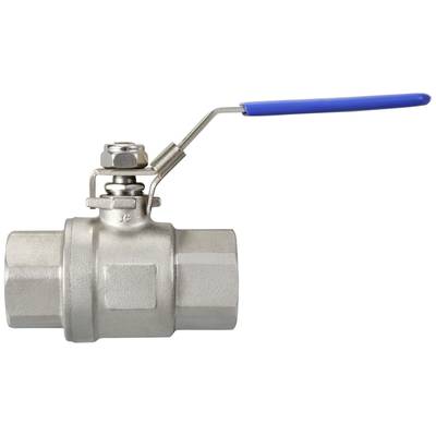 Metallkugelhahn mit blauem Hebelgriff, meist für Flüssigkeits- oder Gasflussregelung in Rohrsystemen verwendet.