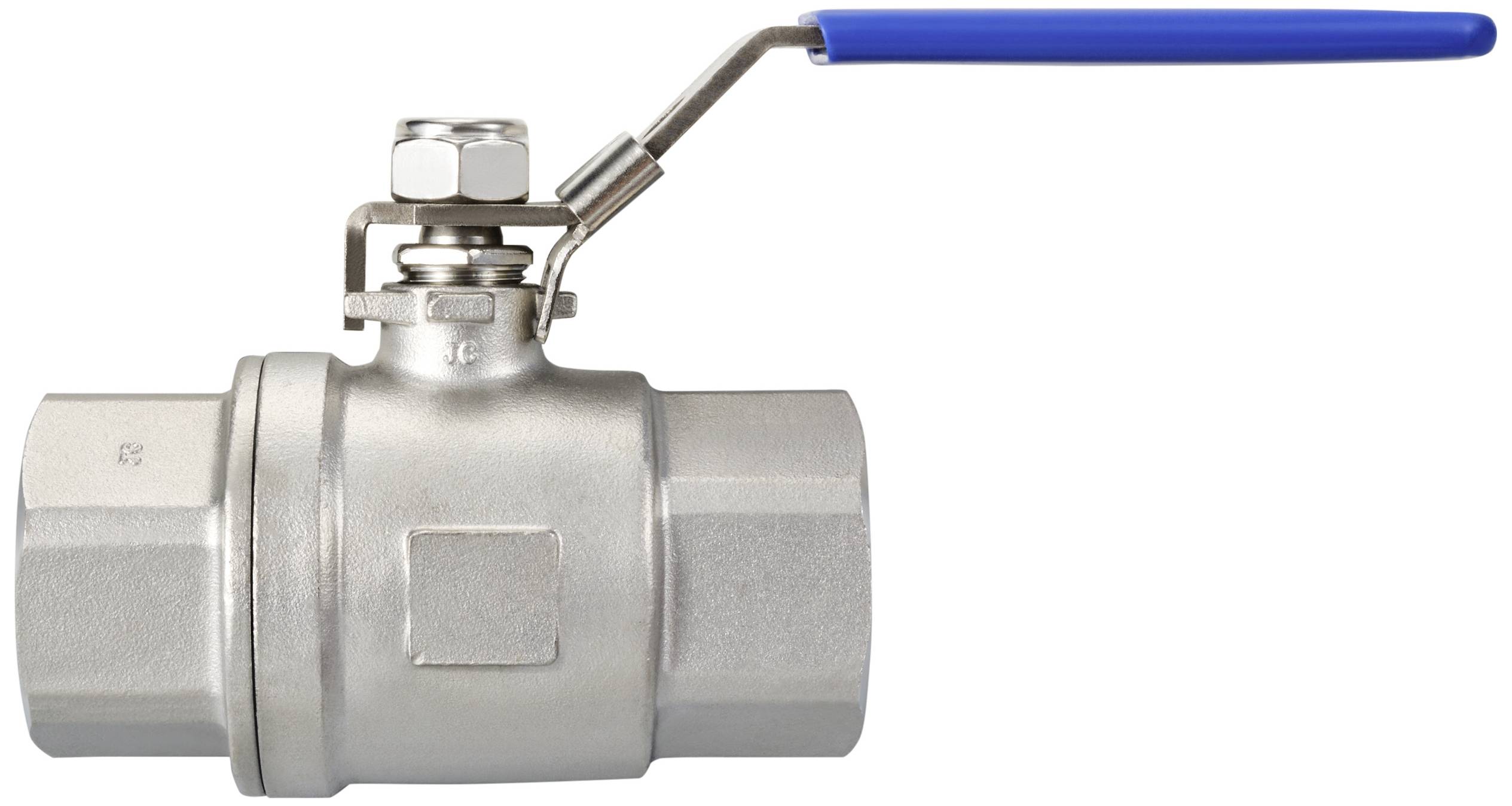 Ein Kugelhahn mit einem blauen Hebelgriff aus Metall. Er wird häufig in Rohrleitungssystemen zur Regelung des Durchflusses verwendet.