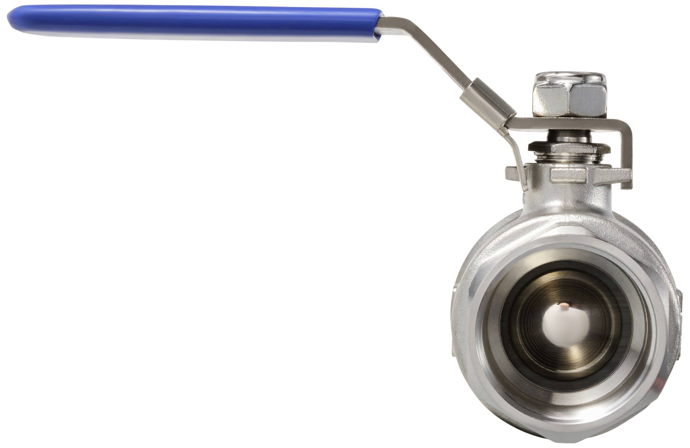 Kugelhahn mit blauem Hebelgriff aus Metall, geschlossen. Hauptsächlich für Flüssigkeitssteuerung in Rohrleitungen verwendet.