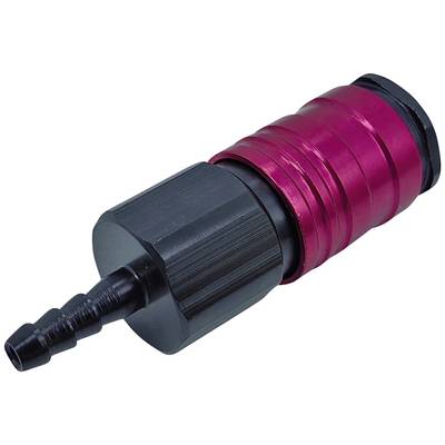 Roter und schwarzer Schnellverschluss-Stecker für Schläuche, rechteckige Form, Kunststoffmaterial, verwendet in Luft- oder Flüssigkeitssystemen.