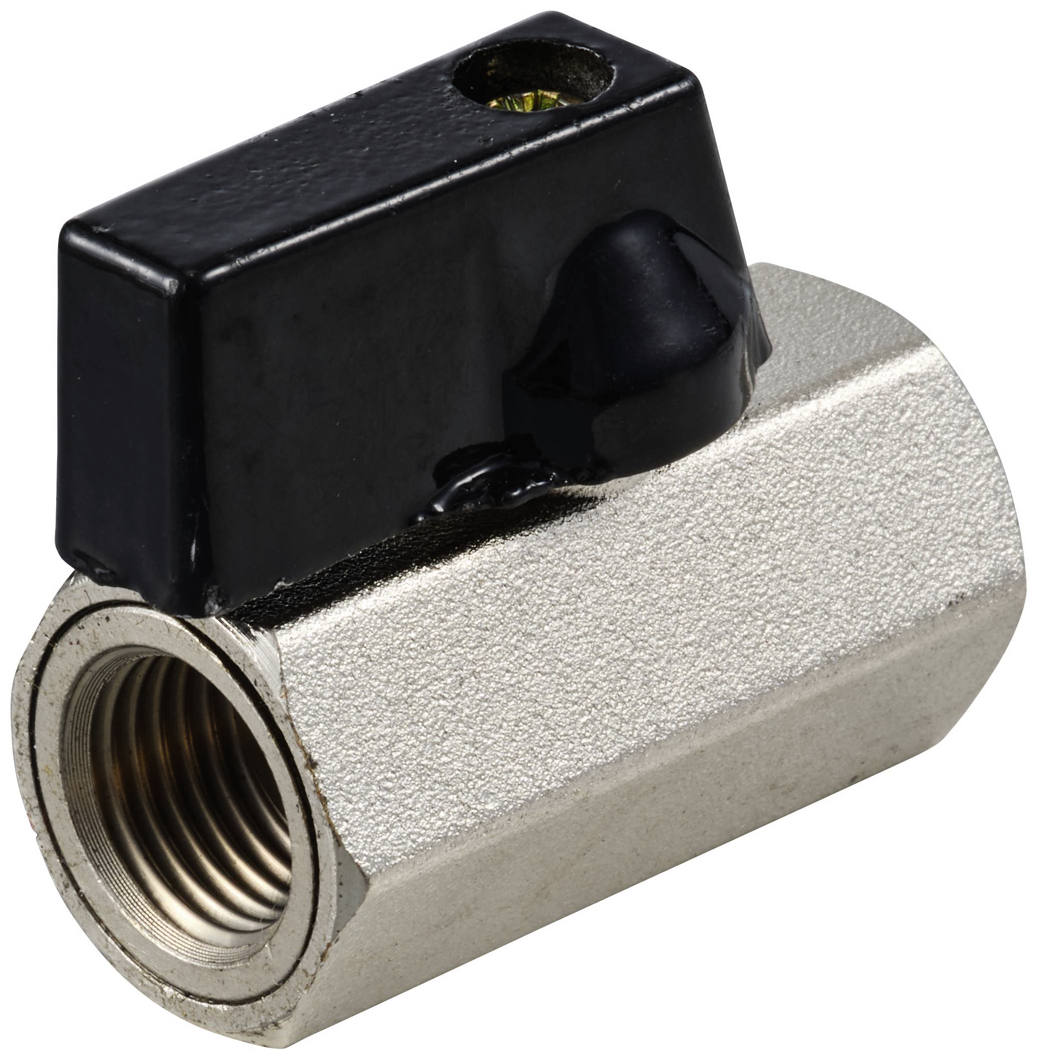 Metallisches Kippventil mit schwarzem Hebel und Innengewinde. Es dient zur Steuerung des Flüssigkeitsflusses in Rohrsystemen.