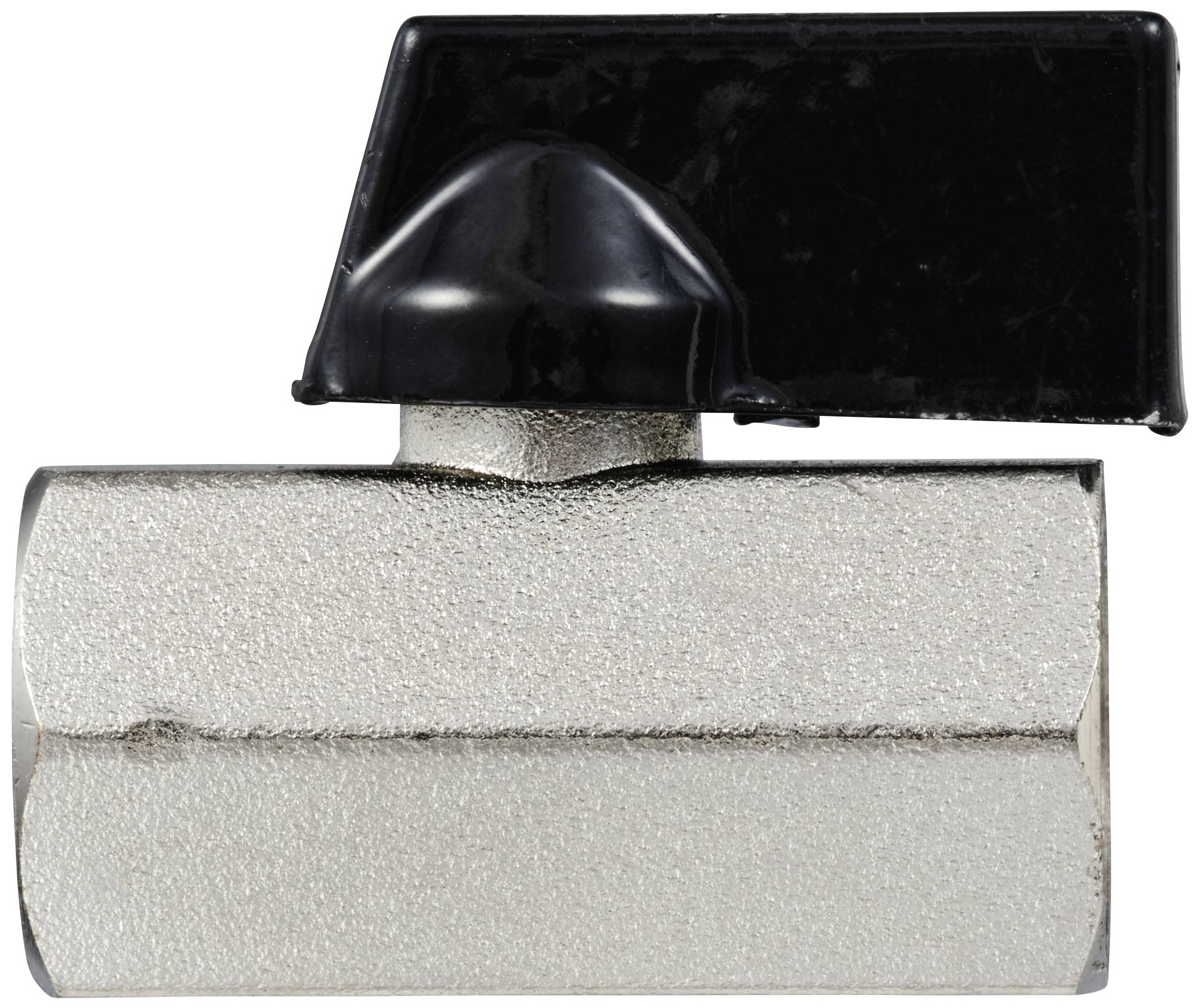 Kugelhahn aus Metall mit schwarzem Kunststoffgriff, seitliche Ansicht.