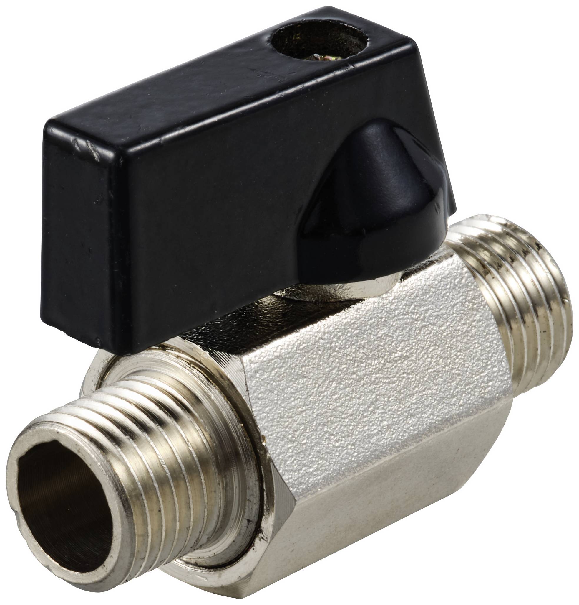 Ein Metallkugelhahn mit schwarzem Hebelgriff, geeignet für Wasser- oder Gasleitungen. Der Griff ist in waagerechter Position.