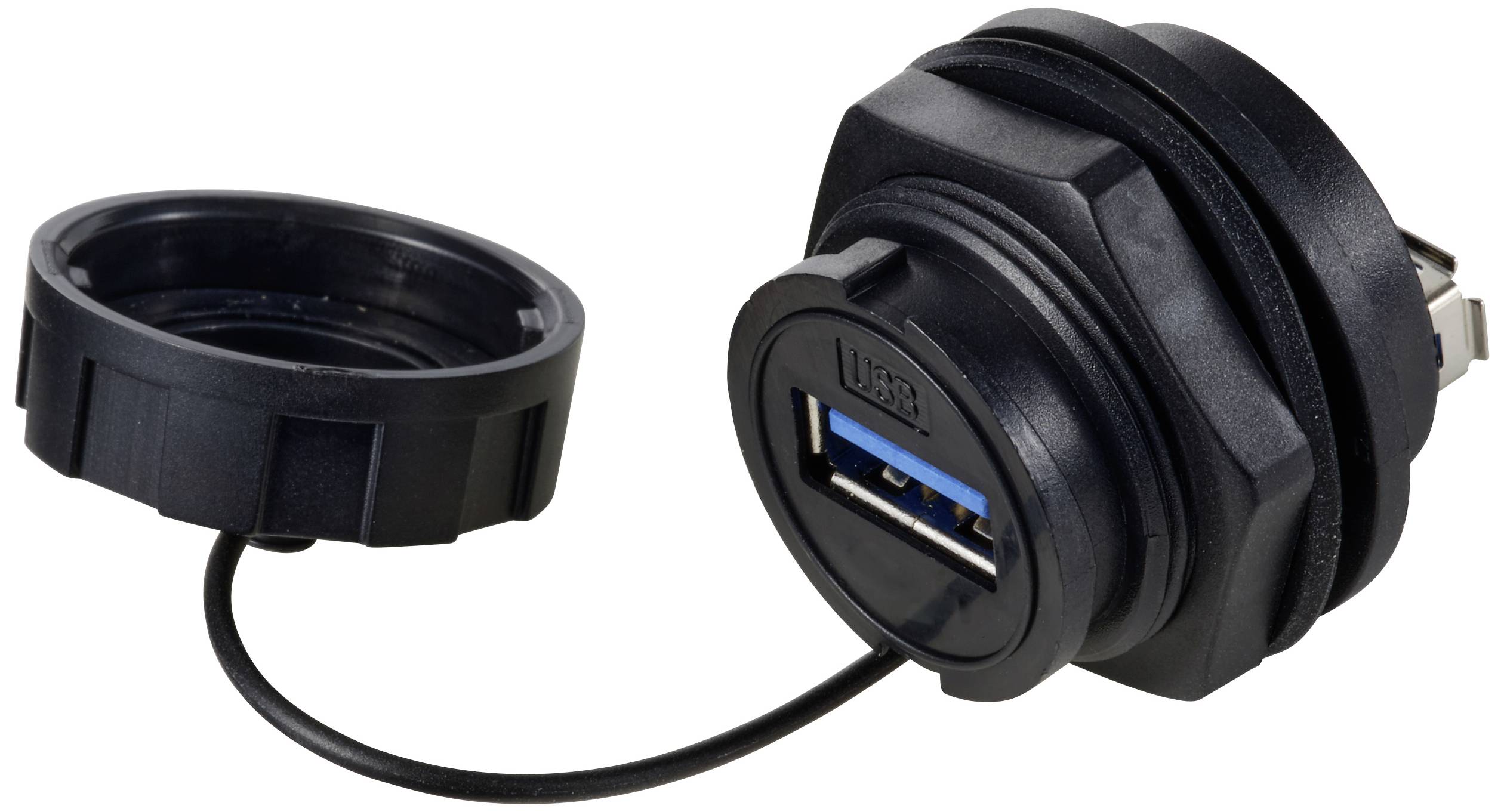 Schwarzer USB-Anschluss mit abnehmbarer Schutzkappe und Kabel. Geeignet für elektronische Geräte und Ladefunktionen.