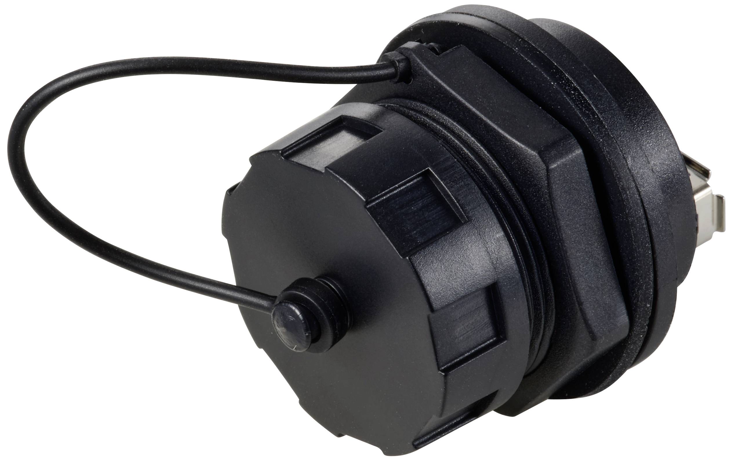 Schwarzer elektronischer Stecker mit Abdeckung und flexibler Befestigungsschnur, geeignet für den Einsatz in verschiedenen Geräten.