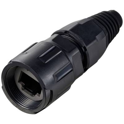 Ein schwarzer, robuster Netzwerkstecker mit Schraubgewinde.
