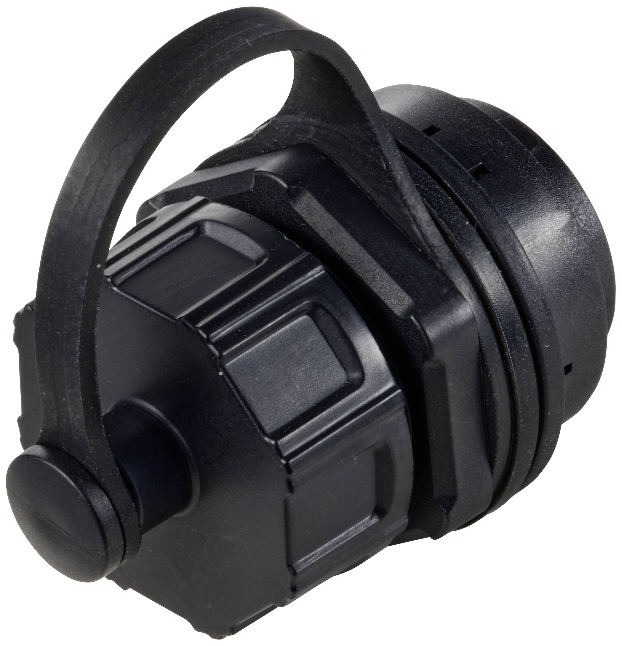 Ein schwarzer Kunststoffverschluss mit Riemen, der als Schutzkappe für technische oder industrielle Anwendungen dient.