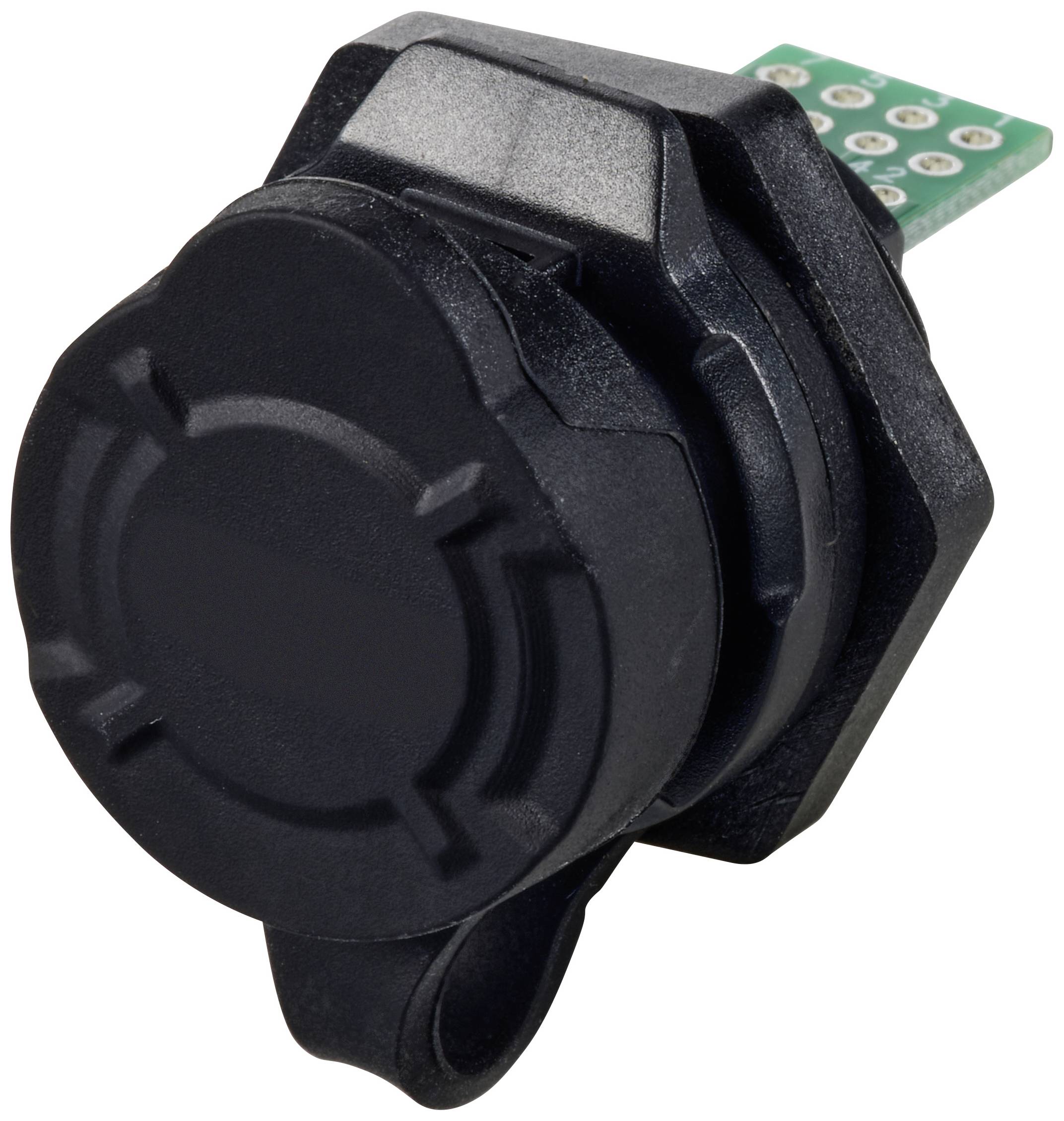 Ein schwarzer elektrischer Sensor mit einem runden Gehäuse und grüner Platine, geeignet für technische Anwendungen.