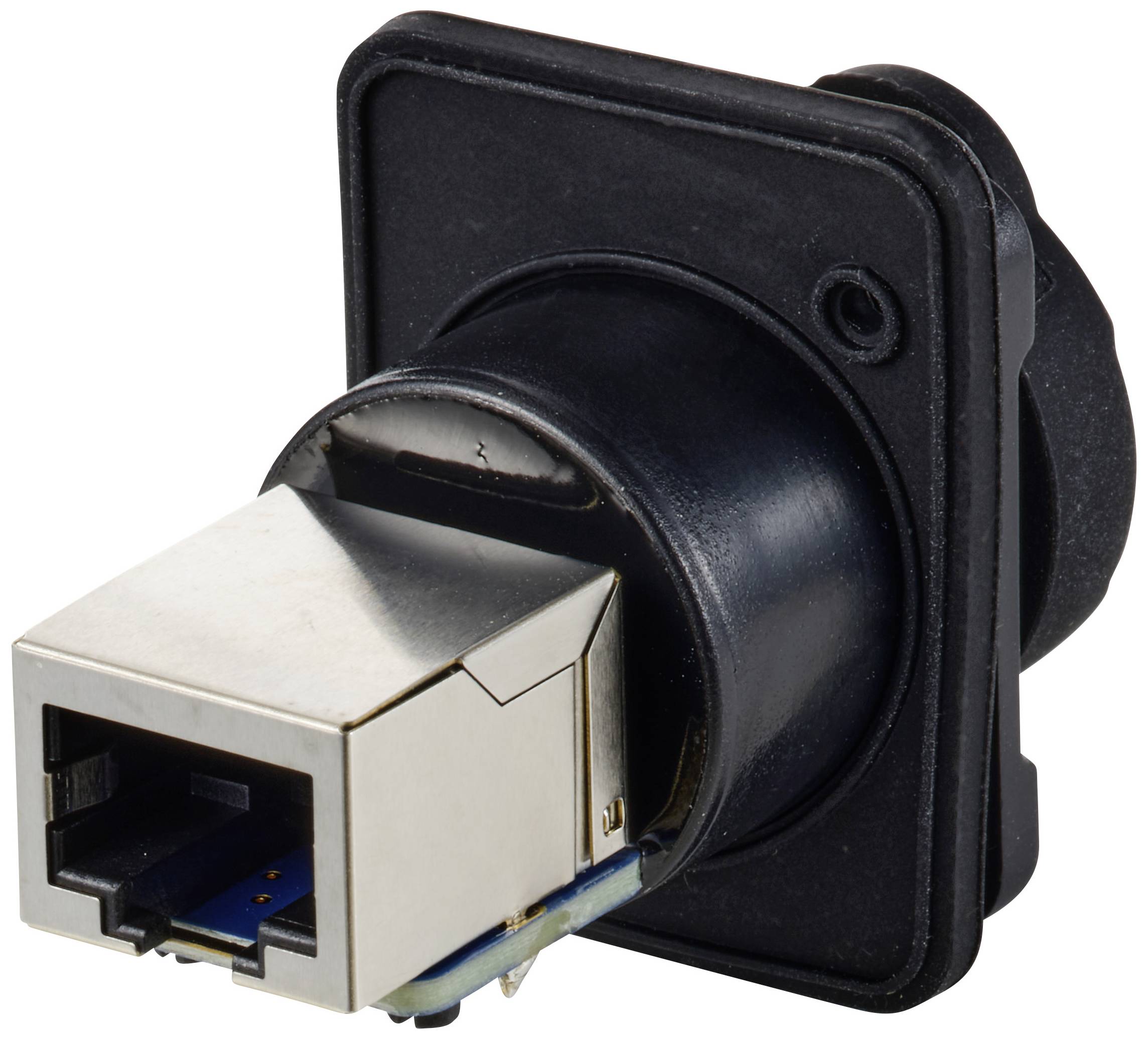 Ein schwarzer, quadratischer Adapter mit einem Metall-Ethernet-Anschluss vorne.